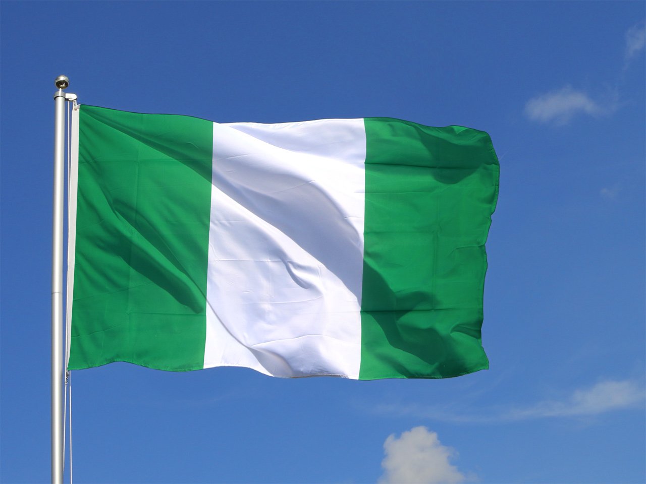 The Nigerian flag flying against a clear sky